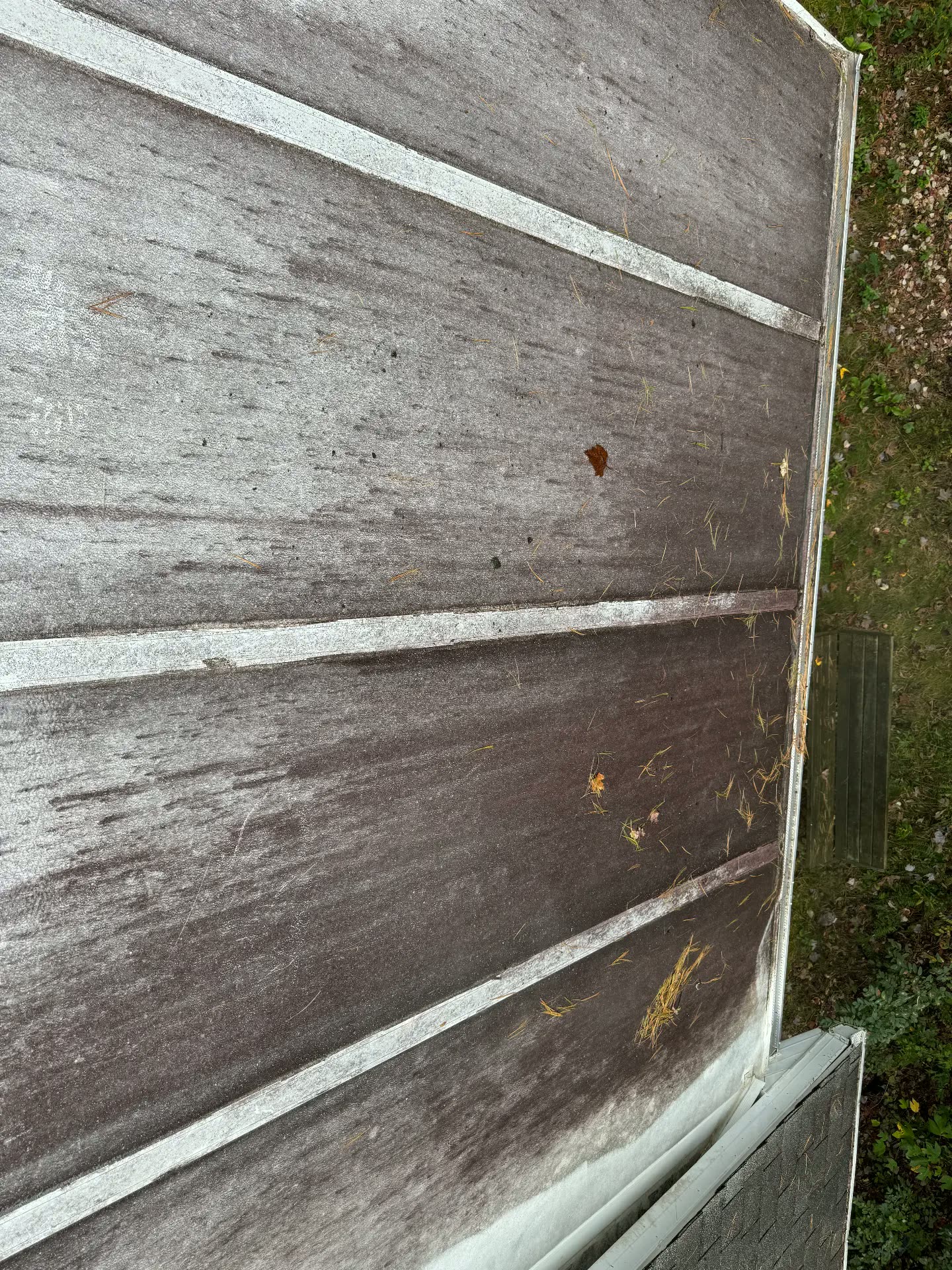 Streaked, mildewed white vinyl siding before power washing